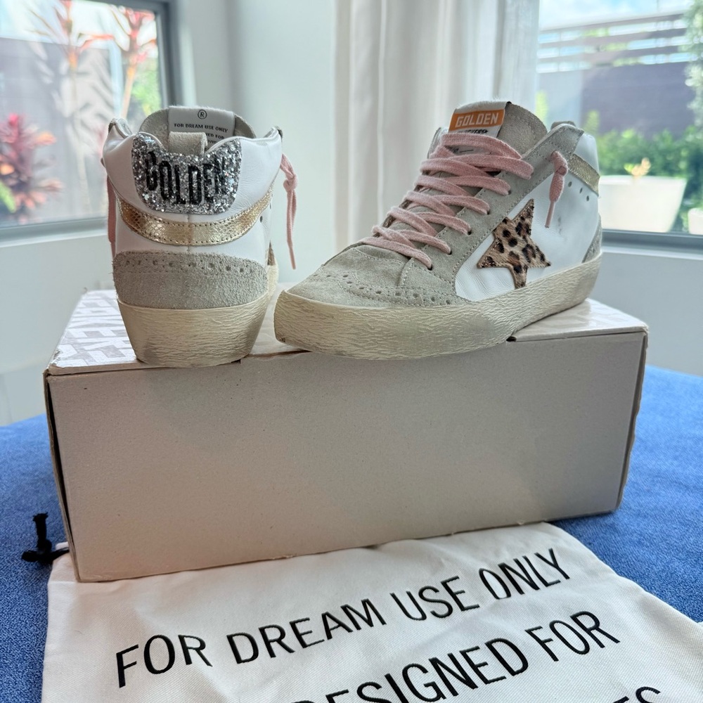 💯 Authentic Golden Goose Mid Star Sneakers Leopard Star and Silver Glitter Heel